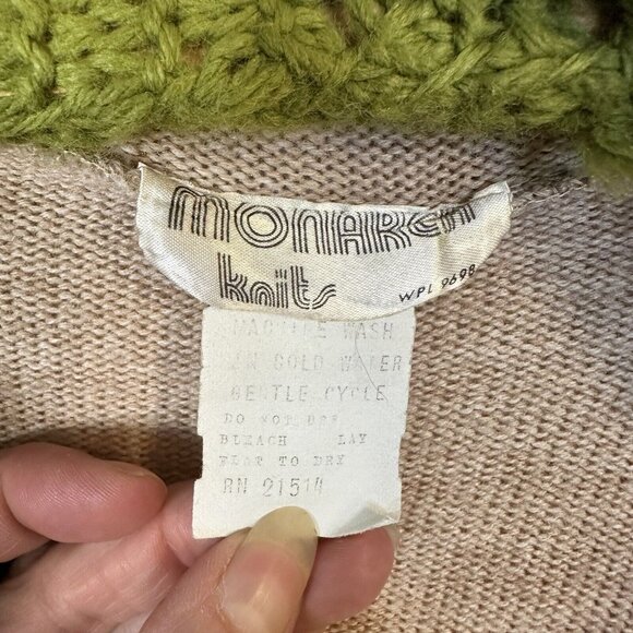 Vtg Womens Cardigan Tan Knit Button Front Waist Tie Small Pockets Retro 70s - Picture 3 of 10